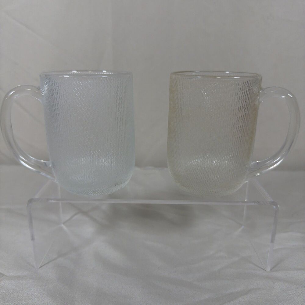 Vintage Arcoroc France Textured Mesh Glass Mugs Set of 2